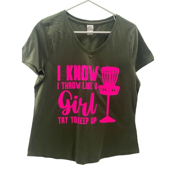 Disc Golf WOMENS V-Neck Shirt Throw Like A Girl Olive Size 12 - Picture 2 of 10
